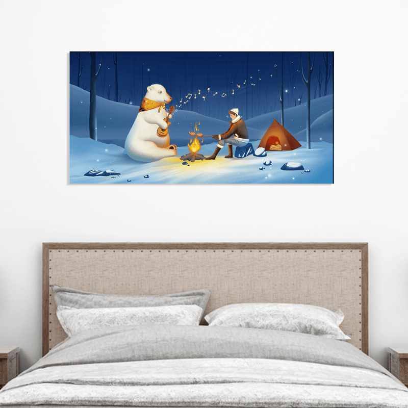 DECORGLANCE Posters, Prints, & Visual Artwork Polar Bear Playing Guitar In Snow Night Canvas Wall Painting