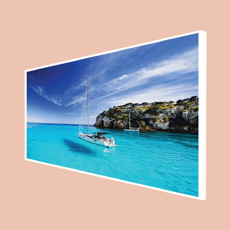 DecorGlance Posters, Prints, & Visual Artwork CANVAS PRINT WHITE FLOATING FRAME / (48x24) Inch / (121x60) Cm Sea & Boat Scenery Canvas Floating Frame Wall Painting