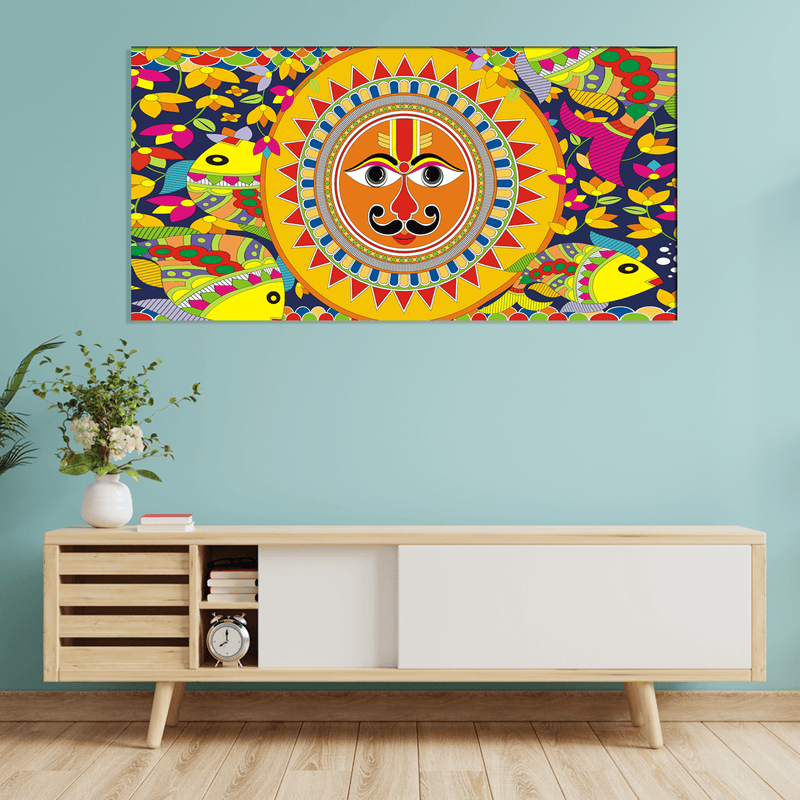 DECORGLANCE Posters, Prints, & Visual Artwork Sun In Madhubani Pattern Canvas Wall Painting