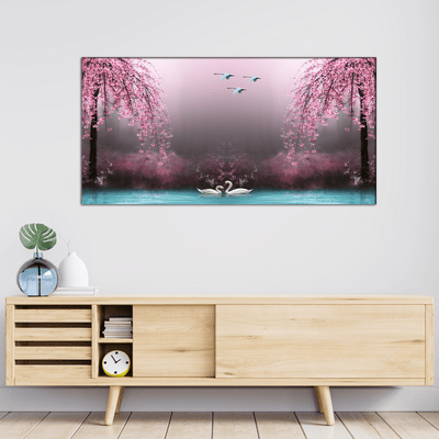 DECORGLANCE Posters, Prints, & Visual Artwork Swan With Pink Nature Scenery Canvas Wall Painting
