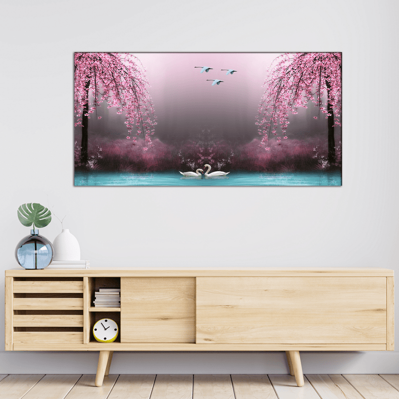 DECORGLANCE Posters, Prints, & Visual Artwork Swan With Pink Nature Scenery Canvas Wall Painting