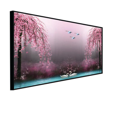 DecorGlance Posters, Prints, & Visual Artwork CANVAS PRINT BLACK FLOATING FRAME / (48x24) Inch / (121x60) Cm Swan With Pink Nature Scenery Floating Frame Canvas Wall Painting