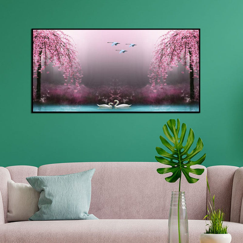 DecorGlance Posters, Prints, & Visual Artwork Swan With Pink Nature Scenery Floating Frame Canvas Wall Painting