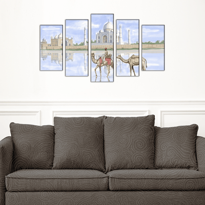 DECORGLANCE Posters, Prints, & Visual Artwork Taj Mahal With Camel Canvas Wall Painting- With 5 Frames