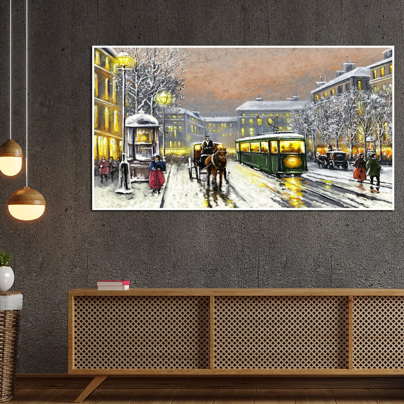 DecorGlance Posters, Prints, & Visual Artwork Tram In The Street Floating Frame Canvas Wall Painting