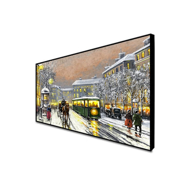 DecorGlance Posters, Prints, & Visual Artwork CANVAS PRINT BLACK FLOATING FRAME / (48x24) Inch / (121x60) Cm Tram In The Street Floating Frame Canvas Wall Painting