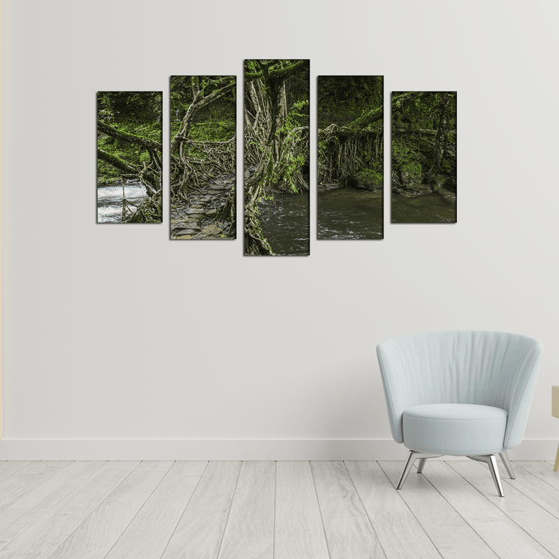 DECORGLANCE Posters, Prints, & Visual Artwork Tree Bridge In Forest Canvas Wall Painting- With 5 Frames