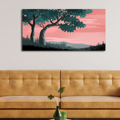 DecorGlance Posters, Prints, & Visual Artwork Tree Under Pink Sky Illustration Canvas Wall Painting