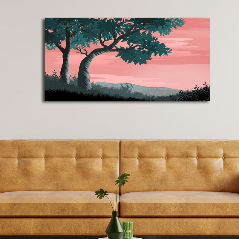 DecorGlance Posters, Prints, & Visual Artwork Tree Under Pink Sky Illustration Canvas Wall Painting