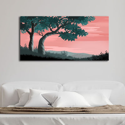 DecorGlance Posters, Prints, & Visual Artwork Tree Under Pink Sky Illustration Canvas Wall Painting
