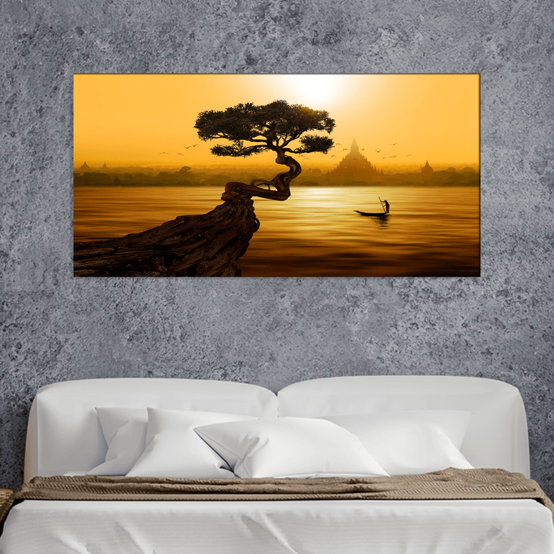 DECORGLANCE Posters, Prints, & Visual Artwork Twisted tree lake and Buddhist temple Canvas Print Wall Painting
