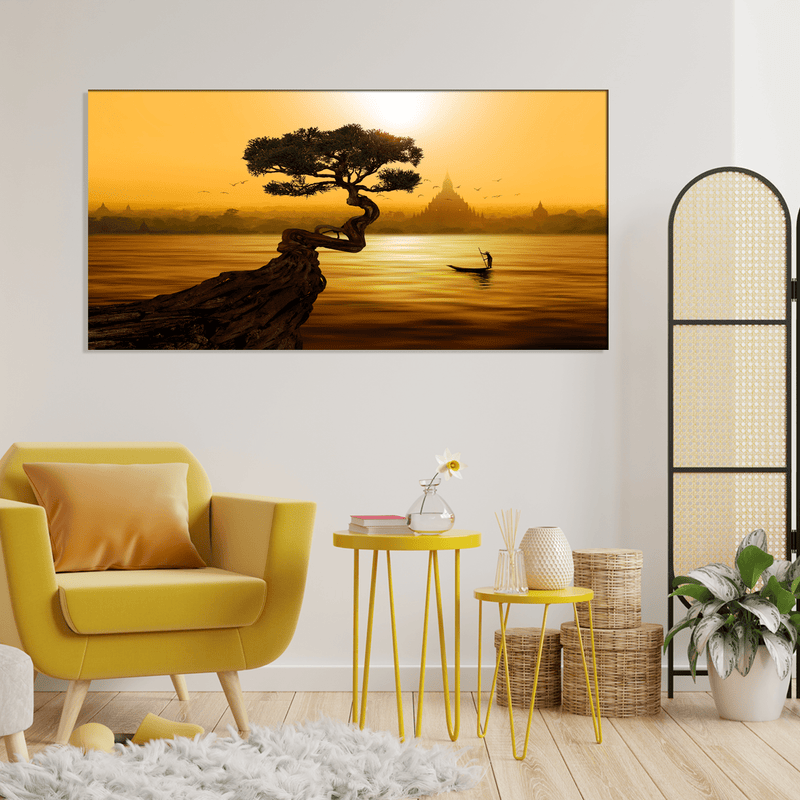 DECORGLANCE Posters, Prints, & Visual Artwork Twisted tree lake and Buddhist temple Canvas Print Wall Painting