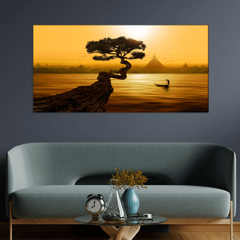 DECORGLANCE Posters, Prints, & Visual Artwork Twisted tree lake and Buddhist temple Canvas Print Wall Painting