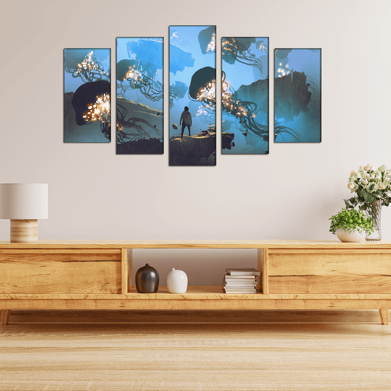 DECORGLANCE Posters, Prints, & Visual Artwork Underwater Jelly Fish View Canvas Wall Painting- With 5 Frames
