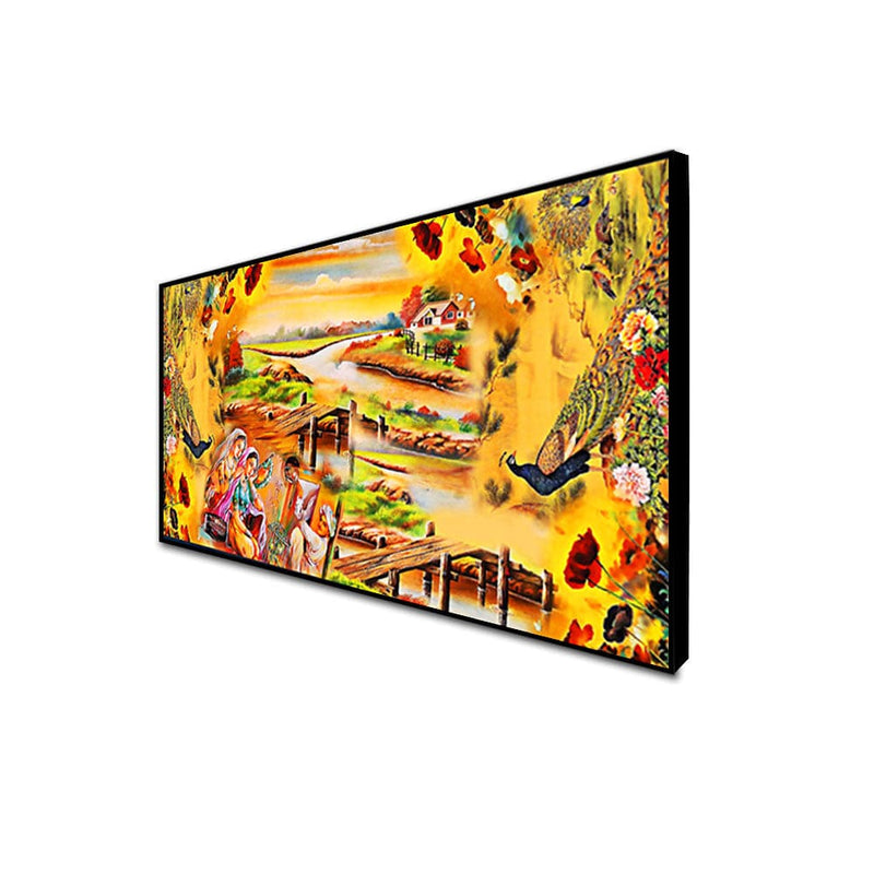 DecorGlance Posters, Prints, & Visual Artwork CANVAS PRINT BLACK FLOATING FRAME / (48x24) Inch / (121x60) Cm Village Madhubani Canvas Wall Painting