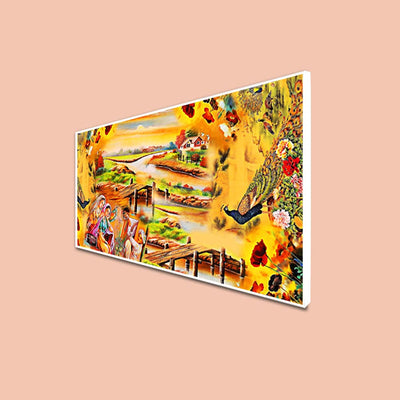 DecorGlance Posters, Prints, & Visual Artwork CANVAS PRINT WHITE FLOATING FRAME / (48x24) Inch / (121x60) Cm Village Madhubani Canvas Wall Painting