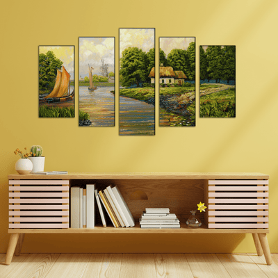 DECORGLANCE Posters, Prints, & Visual Artwork Village View Canvas Wall Painting- With 5 Frames