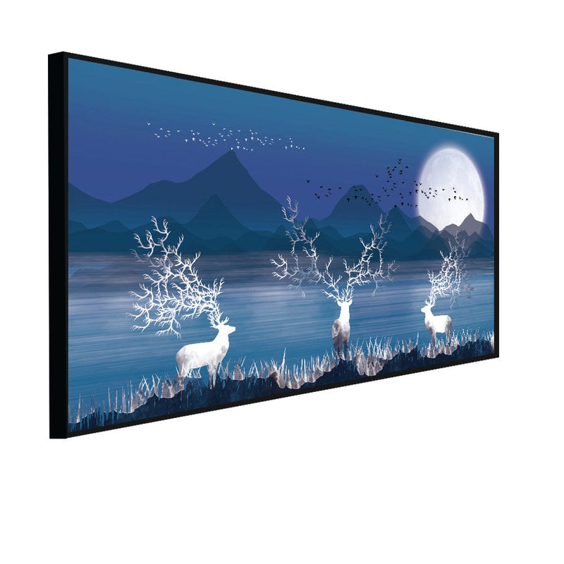 DecorGlance Posters, Prints, & Visual Artwork CANVAS PRINT BLACK FLOATING FRAME / (48x24) Inch / (121x60) Cm White Deer In Night Canvas Floating frame Wall Painting