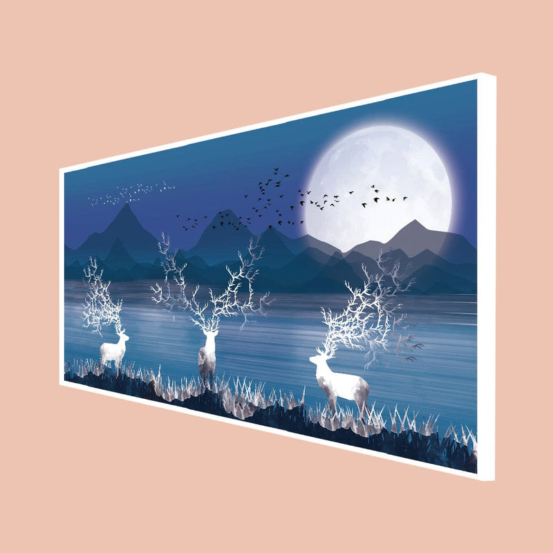 DecorGlance Posters, Prints, & Visual Artwork CANVAS PRINT WHITE FLOATING FRAME / (48x24) Inch / (121x60) Cm White Deer In Night Canvas Floating frame Wall Painting
