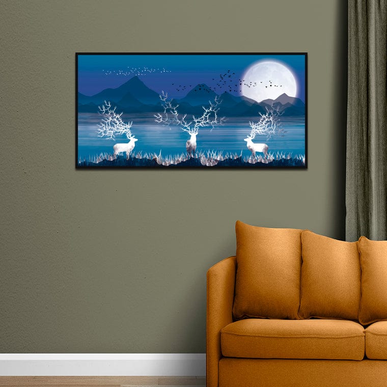 DecorGlance Posters, Prints, & Visual Artwork White Deer In Night Canvas Floating frame Wall Painting