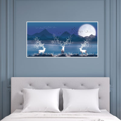 DecorGlance Posters, Prints, & Visual Artwork White Deer In Night Canvas Floating frame Wall Painting