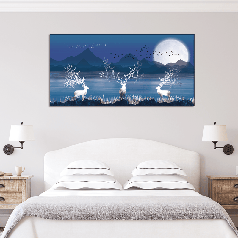 DECORGLANCE Posters, Prints, & Visual Artwork White Deer In Night Canvas Wall Painting