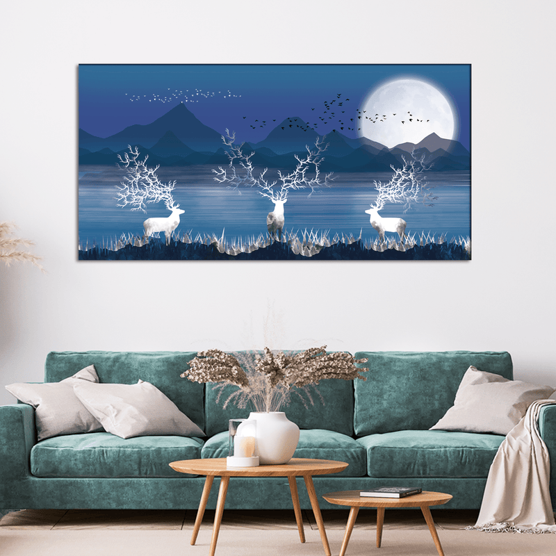DECORGLANCE Posters, Prints, & Visual Artwork White Deer In Night Canvas Wall Painting