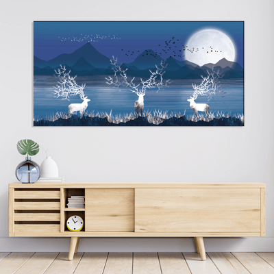 DECORGLANCE Posters, Prints, & Visual Artwork White Deer In Night Canvas Wall Painting