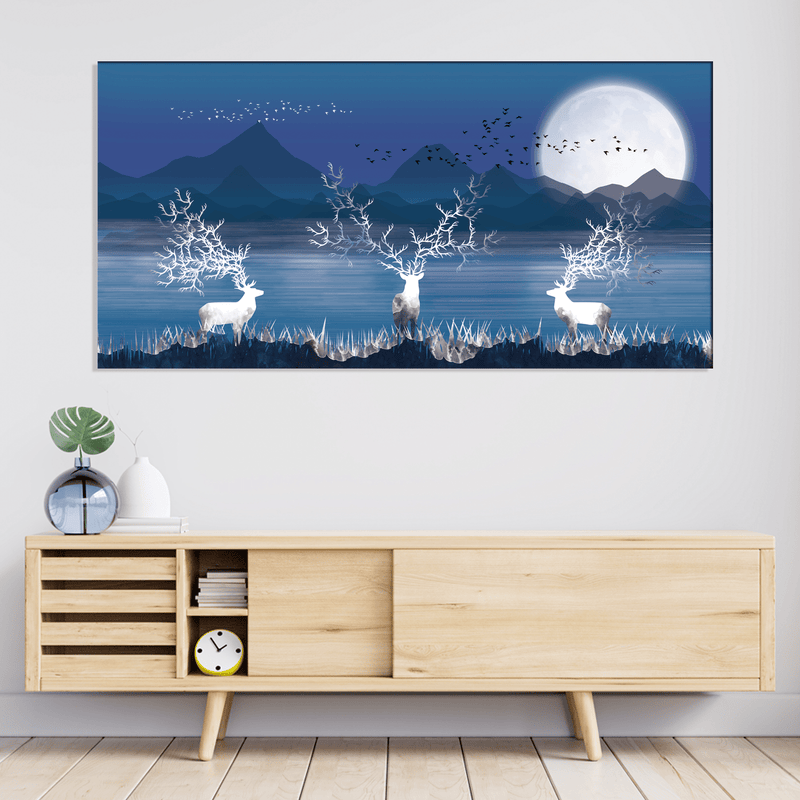 DECORGLANCE Posters, Prints, & Visual Artwork White Deer In Night Canvas Wall Painting