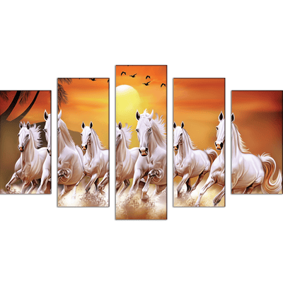 DECORGLANCE Posters, Prints, & Visual Artwork White Horses Running In Time Of Sunset Canvas Wall Painting- With 5 Frames