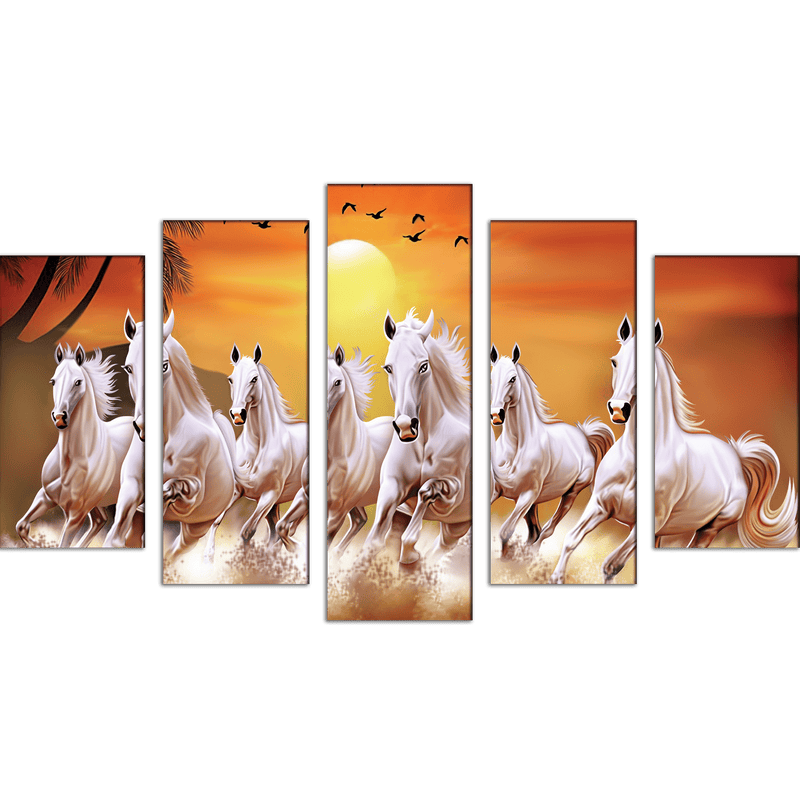DECORGLANCE Posters, Prints, & Visual Artwork White Horses Running In Time Of Sunset Canvas Wall Painting- With 5 Frames