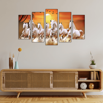 DECORGLANCE Posters, Prints, & Visual Artwork White Horses Running In Time Of Sunset Canvas Wall Painting- With 5 Frames