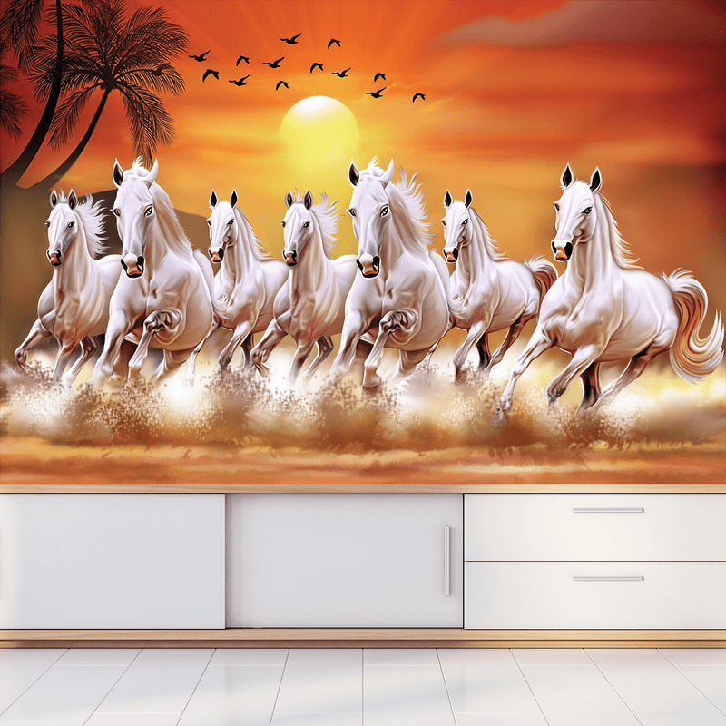 DECORGLANCE Posters, Prints, & Visual Artwork White Horses Running In Time Of Sunset Wallpaper