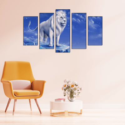 DECORGLANCE Posters, Prints, & Visual Artwork White Lion In Blue Sky Canvas Wall Painting- With 5 Frames