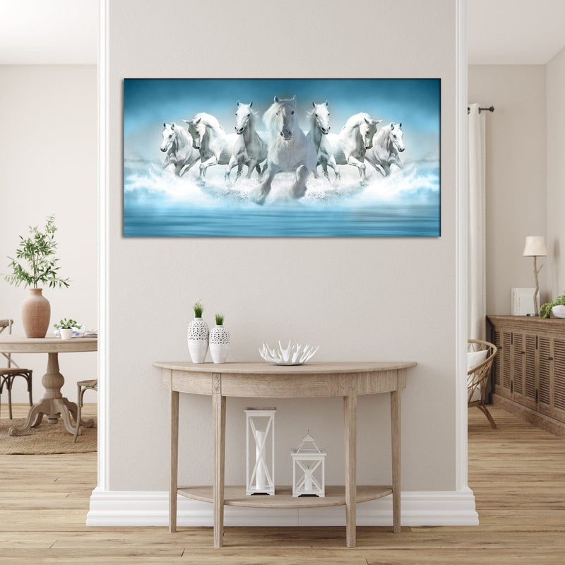 DECORGLANCE Posters, Prints, & Visual Artwork White Seven Horse Canvas Wall Painting