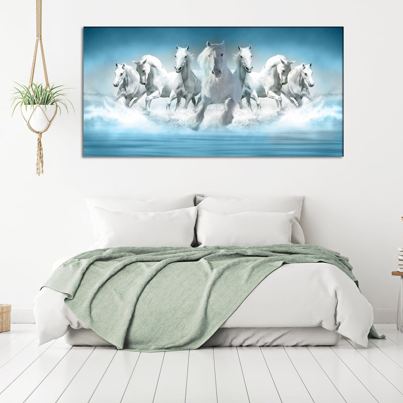 DECORGLANCE Posters, Prints, & Visual Artwork White Seven Horse Canvas Wall Painting