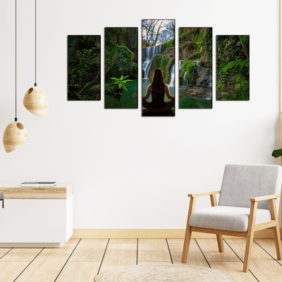 DECORGLANCE Posters, Prints, & Visual Artwork Woman Doing Meditation In Front Of waterfall Canvas Wall Painting- With 5 Frames