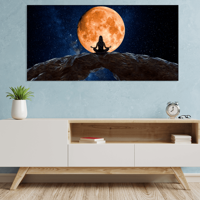 DECORGLANCE Posters, Prints, & Visual Artwork Woman Meditating In Front Of Moon Canvas Wall Painting