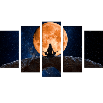 DECORGLANCE Posters, Prints, & Visual Artwork Woman Meditating In Front Of Moon Canvas Wall Painting- With 5 Frames