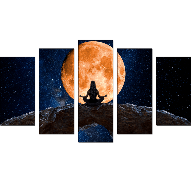 DECORGLANCE Posters, Prints, & Visual Artwork Woman Meditating In Front Of Moon Canvas Wall Painting- With 5 Frames