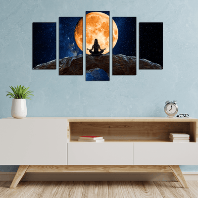 DECORGLANCE Posters, Prints, & Visual Artwork Woman Meditating In Front Of Moon Canvas Wall Painting- With 5 Frames
