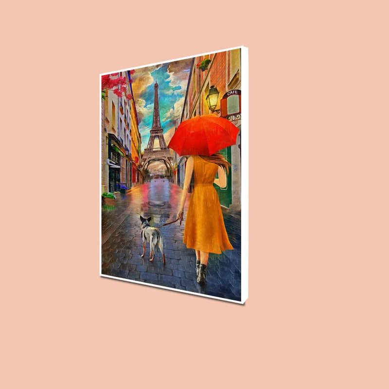 DecorGlance Posters, Prints, & Visual Artwork CANVAS PRINT WHITE FLOATING FRAME / (48x24) Inch / (121x60) Cm Women In Front Of Eiffel Tower Canvas Wall Painting