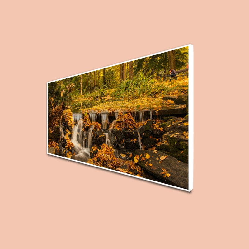 DecorGlance Rectangle painting CANVAS PRINT WHITE FLOATING FRAME / (48x24) Inch / (121x60) Cm Autumn Season Waterfall Scenery Canvas Floating Frame Wall Painting