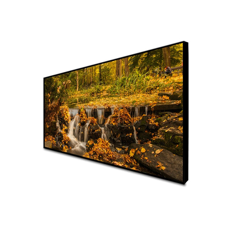 DecorGlance Rectangle painting CANVAS PRINT BLACK FLOATING FRAME / (48x24) Inch / (121x60) Cm Autumn Season Waterfall Scenery Canvas Floating Frame Wall Painting