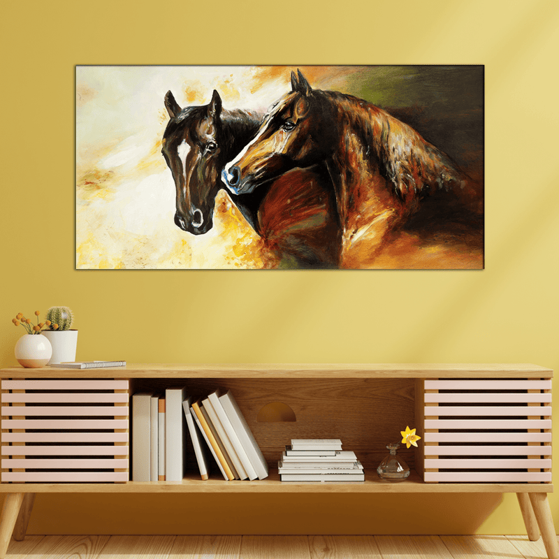 DecorGlance Rectangle painting Oil Color Couple Horse Canvas Wall Painting