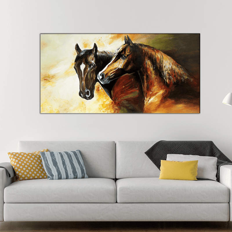 DecorGlance Rectangle painting Oil Color Couple Horse Canvas Wall Painting