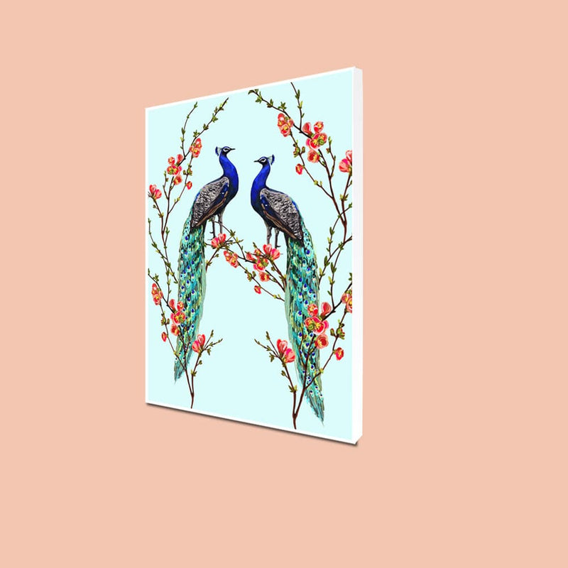 DecorGlance Rectangle painting CANVAS PRINT WHITE FLOATING FRAME / (24x48) Inch / (60x121) Cm Pair of Peacock Floating Frame Canvas Wall Painting
