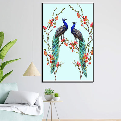 DecorGlance Rectangle painting Pair of Peacock Floating Frame Canvas Wall Painting