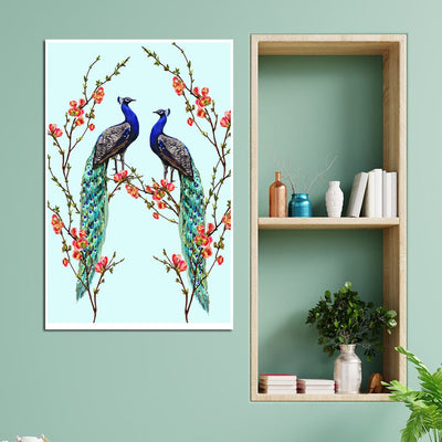 DecorGlance Rectangle painting Pair of Peacock Floating Frame Canvas Wall Painting
