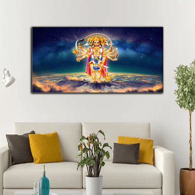 DecorGlance Rectangle painting Panch Mukhi Lord Hanuman Scenery Canvas Wall Painting